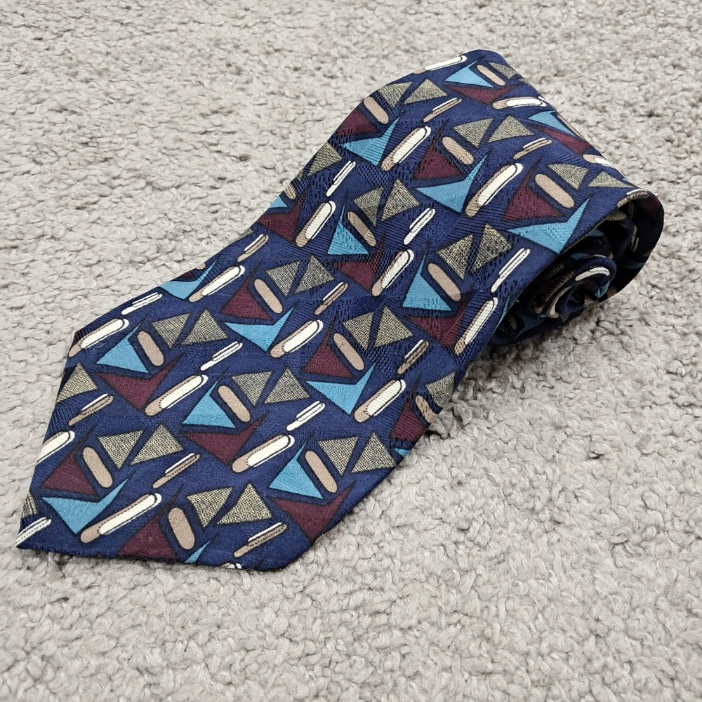 Martin Wong Napa Silk Tie Navy Blue Burgundy Geometric‎ Abstract Made in USA